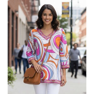 Gretchen Scott Tunic Top Small Colorful Retro Geometric Popover 60s 70s Mod